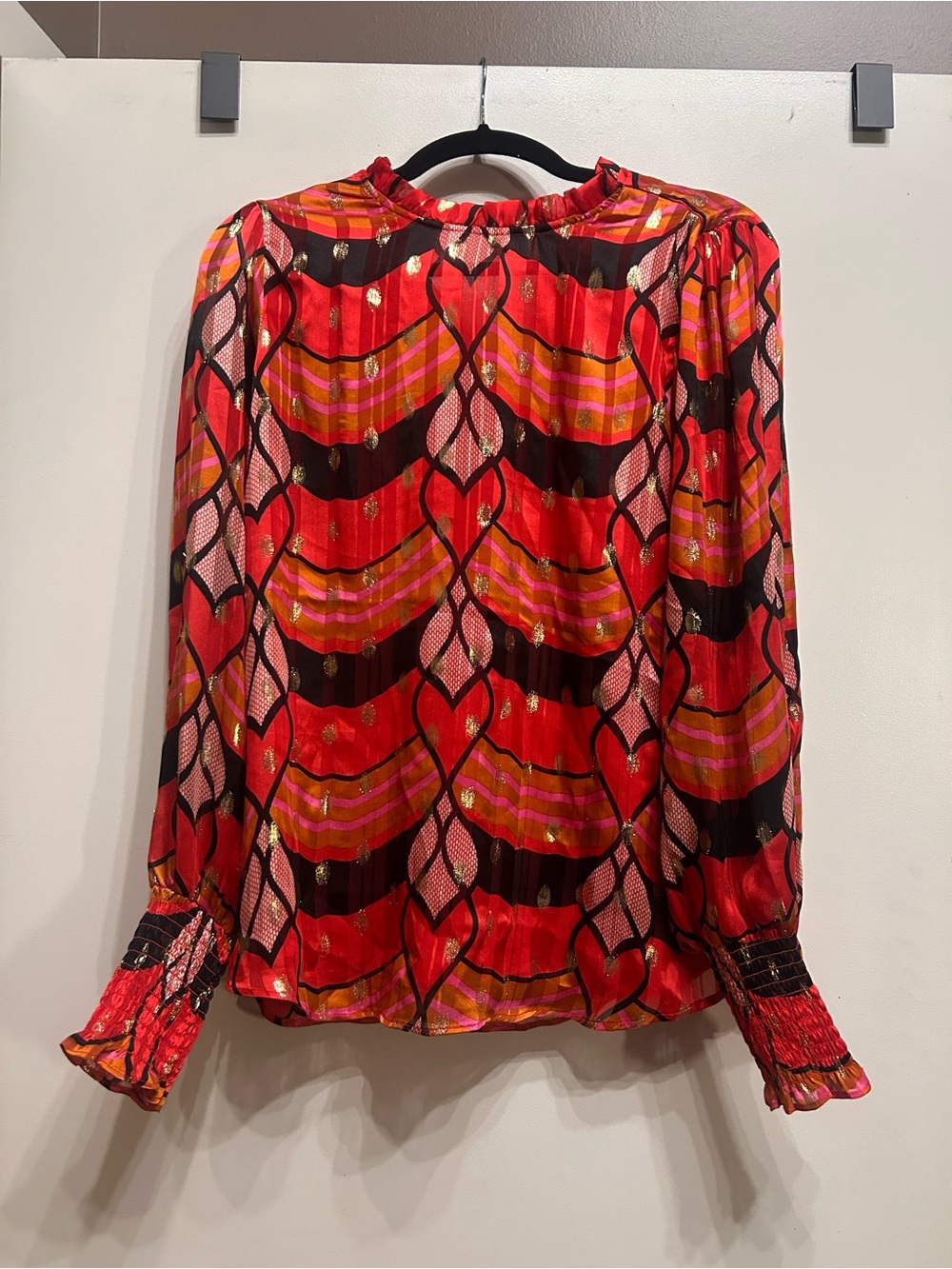 Joie Red Multicolor Geometric Long-Sleeve Blouse